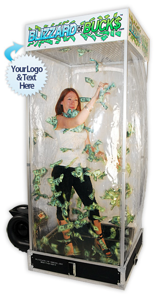 The Blizzard of Bucks Light Weight Traveling Money Machine! This money blowing machine is easy to move and always ready to travel. Rent or buy this cash grabber machine for your next event such as birthday parties, corporate parties and picnics, grand openings, auto dealerships, bank promotion, casino promotion, trade shows, radio stations, race tracks, fund raisers, nightclubs and bars, malls, amusement parks! Nationwide Moneymachines sales and rentals for advertising and promotion.